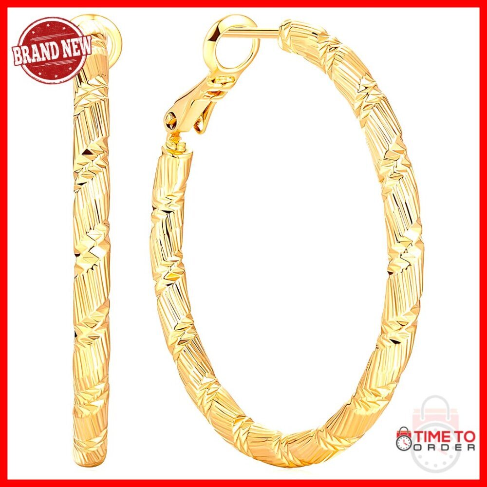 14K Gold Plated Hoop Earrings 30mm Thick Solid Line Cutting Design